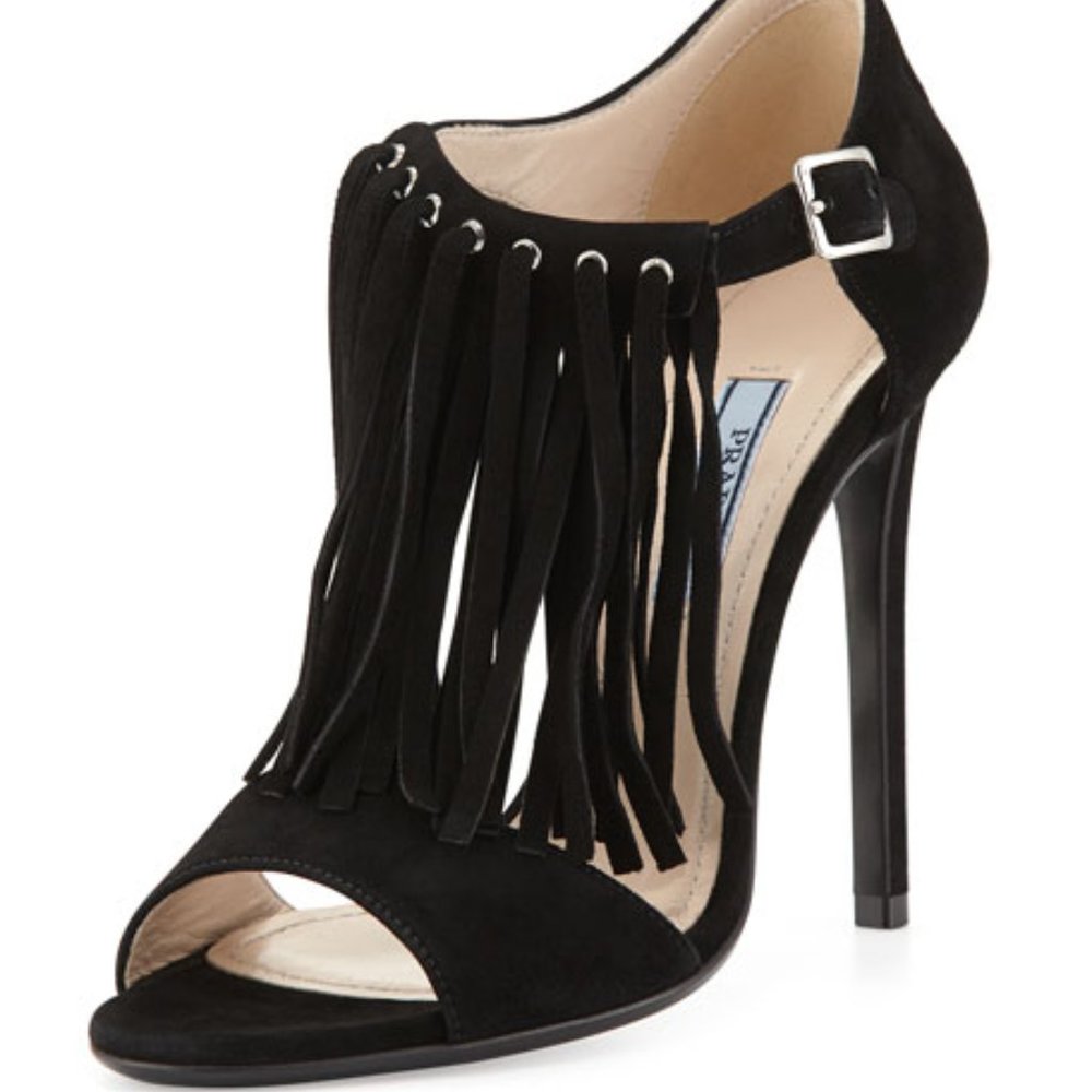 Prada Fringe Strappy Suede Pumps